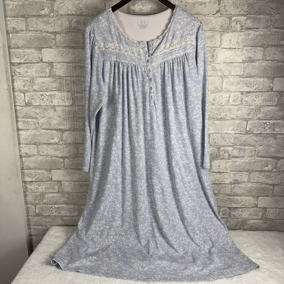 Eileen West Cotton Knit Midi Gown Womens XL Blue Floral Shabby Chic Cottagecore - Picture 1 of 12